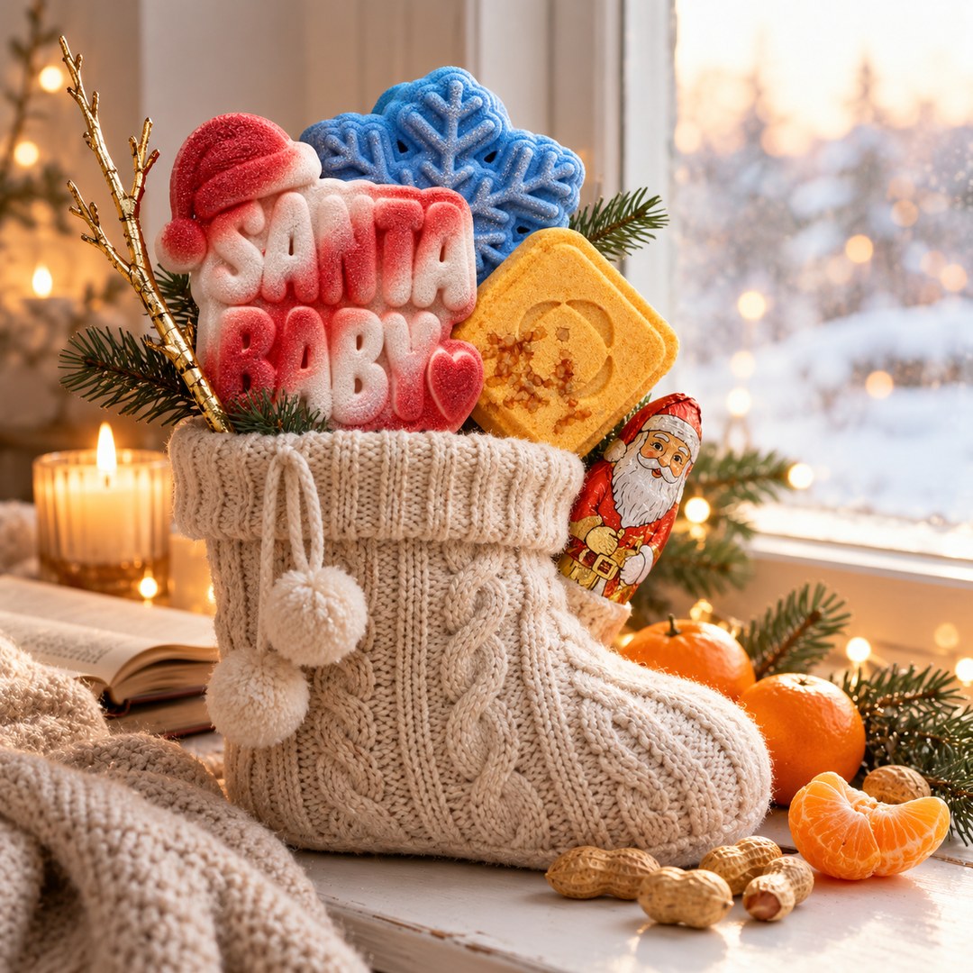 Let It Frost, Santa Baby fürdőbomba és Winter Spice fürdősókocka kötött zokniban – BLOOMBEE